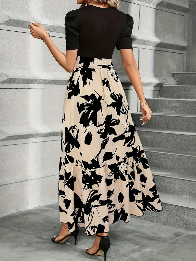 Floral Print Maxi Dress Woven – Round Neck Exotic Vacation Style