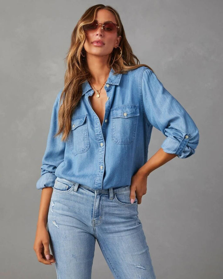 Women's Denim Shirt Relaxed Lapel Button-Down – Long-Sleeve Casual Overshirt