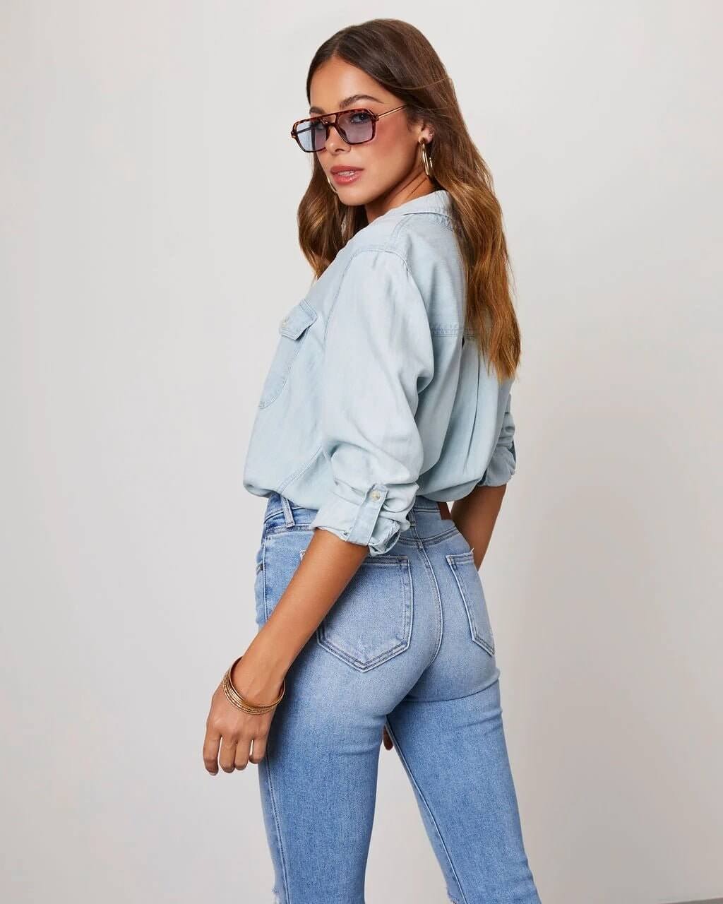 Women's Denim Shirt Relaxed Lapel Button-Down – Long-Sleeve Casual Overshirt