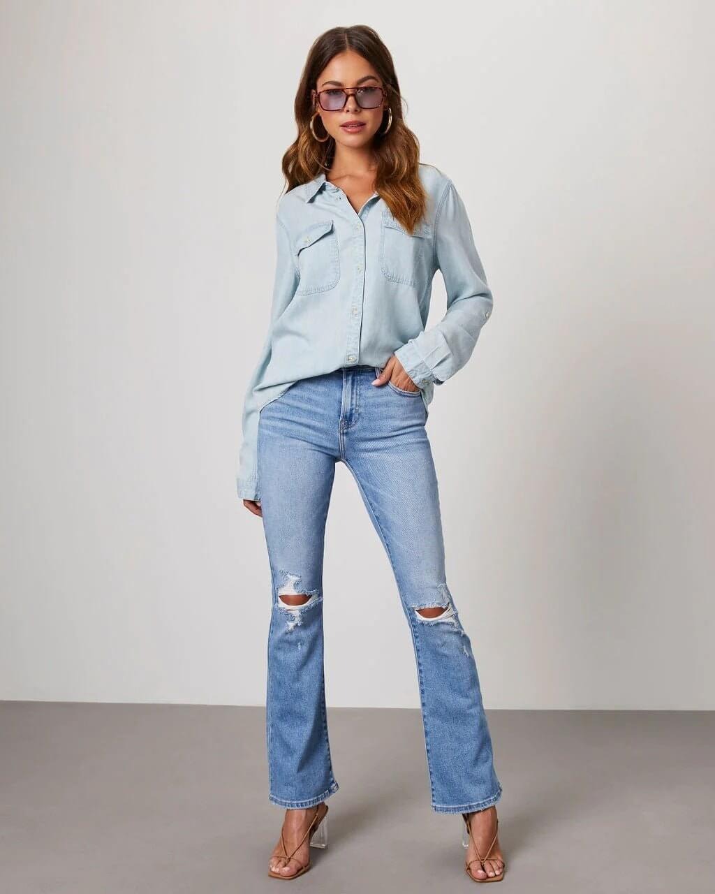 Women's Denim Shirt Relaxed Lapel Button-Down – Long-Sleeve Casual Overshirt