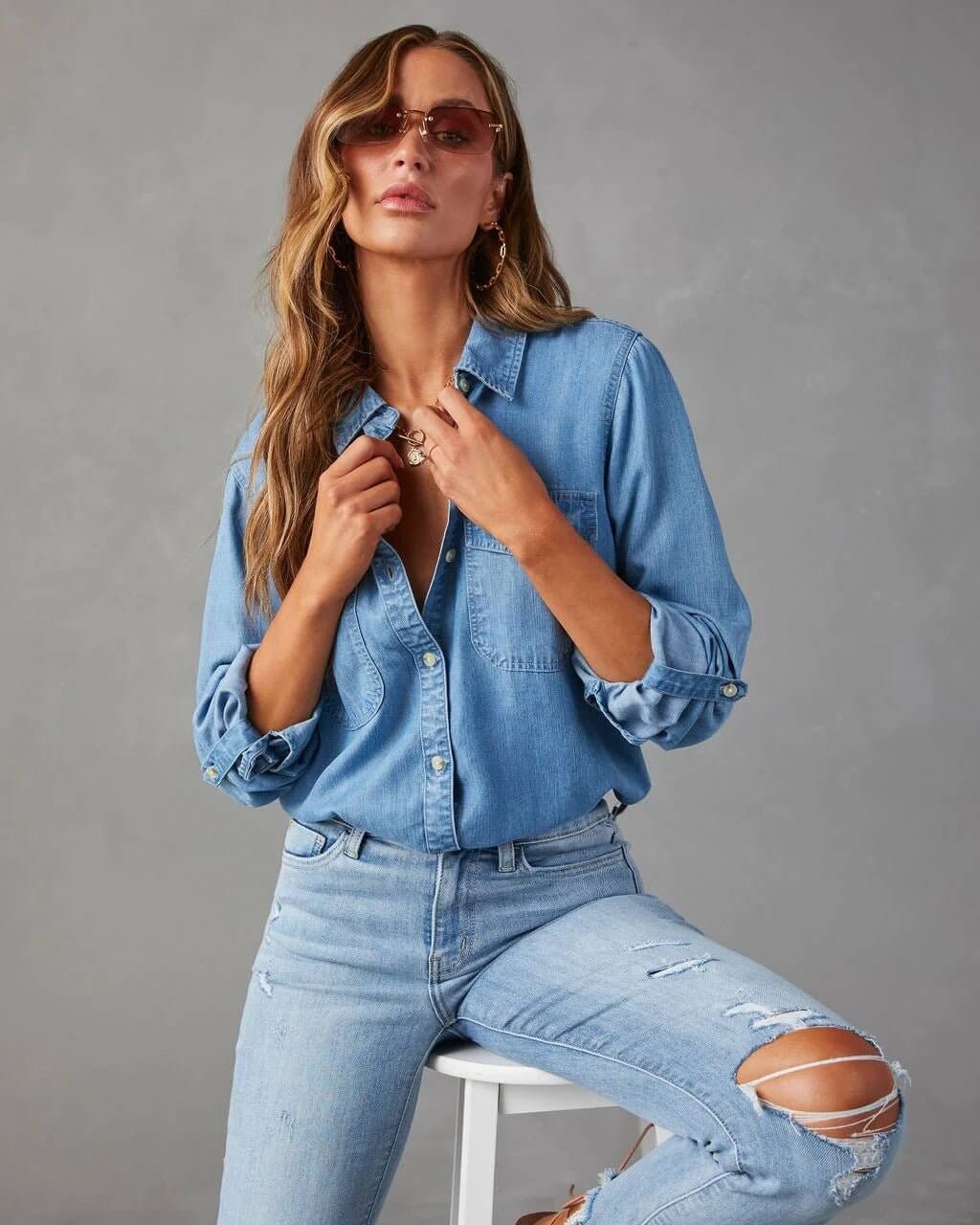 Women's Denim Shirt Relaxed Lapel Button-Down – Long-Sleeve Casual Overshirt