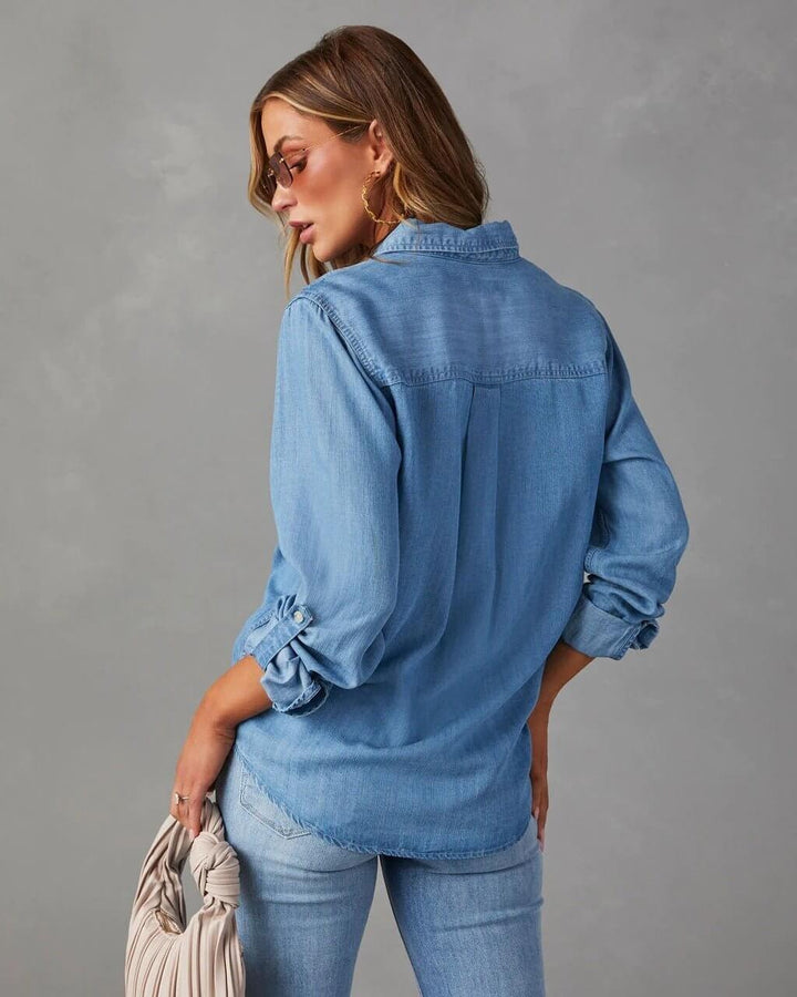Women's Denim Shirt Relaxed Lapel Button-Down – Long-Sleeve Casual Overshirt