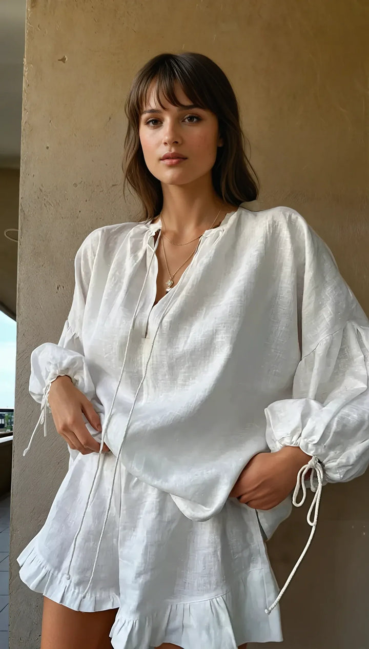 Women's Two Piece Set V-Neck Lantern Sleeve Top – Ruffle Shorts Lace-Up Detail