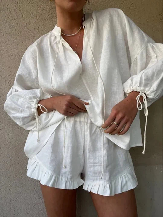 Women's Two Piece Set V-Neck Lantern Sleeve Top – Ruffle Shorts Lace-Up Detail