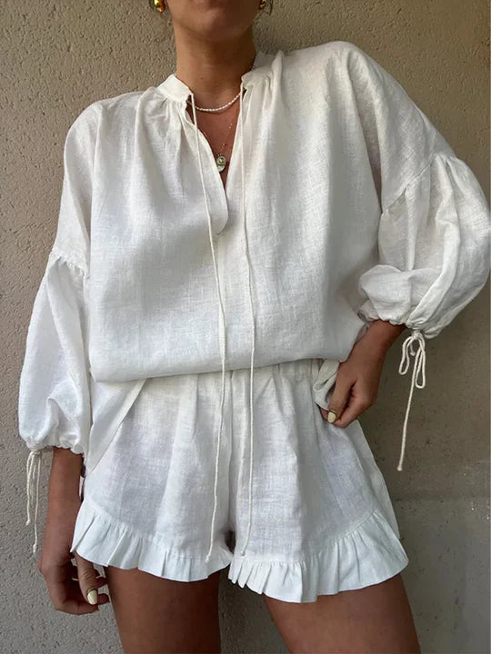 Women's Two Piece Set V-Neck Lantern Sleeve Top – Ruffle Shorts Lace-Up Detail