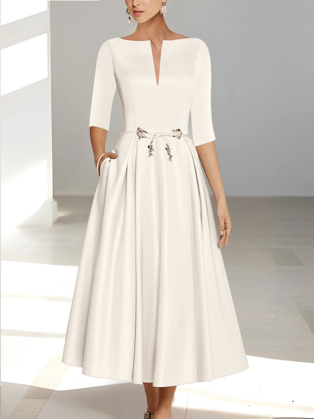 Mother of the Bride Dress Satin A-Line V-Neck – Half Sleeve Pockets
