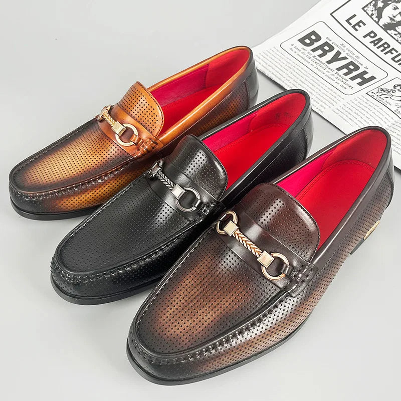 Men's Cowhide Leather Perforated Loafers – Cushioned Non-Slip Outsole