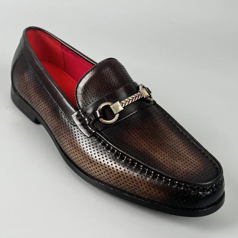 Men's Cowhide Leather Perforated Loafers – Cushioned Non-Slip Outsole