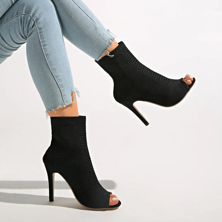Women's Stretch Knit Open-Toe Stiletto Heels – Sculpted Cushioned