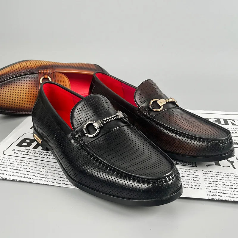 Men's Cowhide Leather Perforated Loafers – Cushioned Non-Slip Outsole