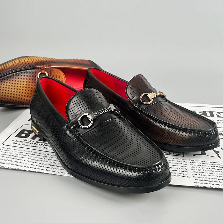 Men's Cowhide Leather Perforated Loafers – Cushioned Non-Slip Outsole