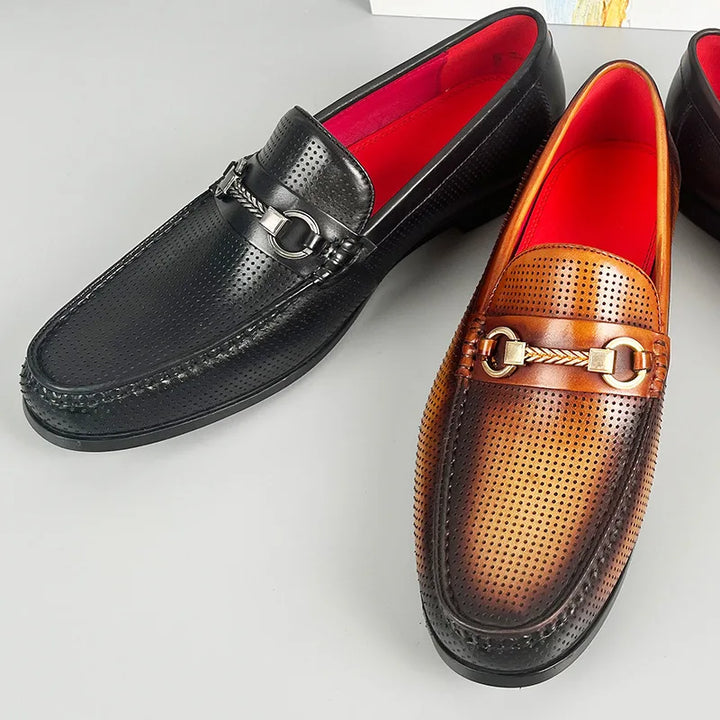 Men's Cowhide Leather Perforated Loafers – Cushioned Non-Slip Outsole
