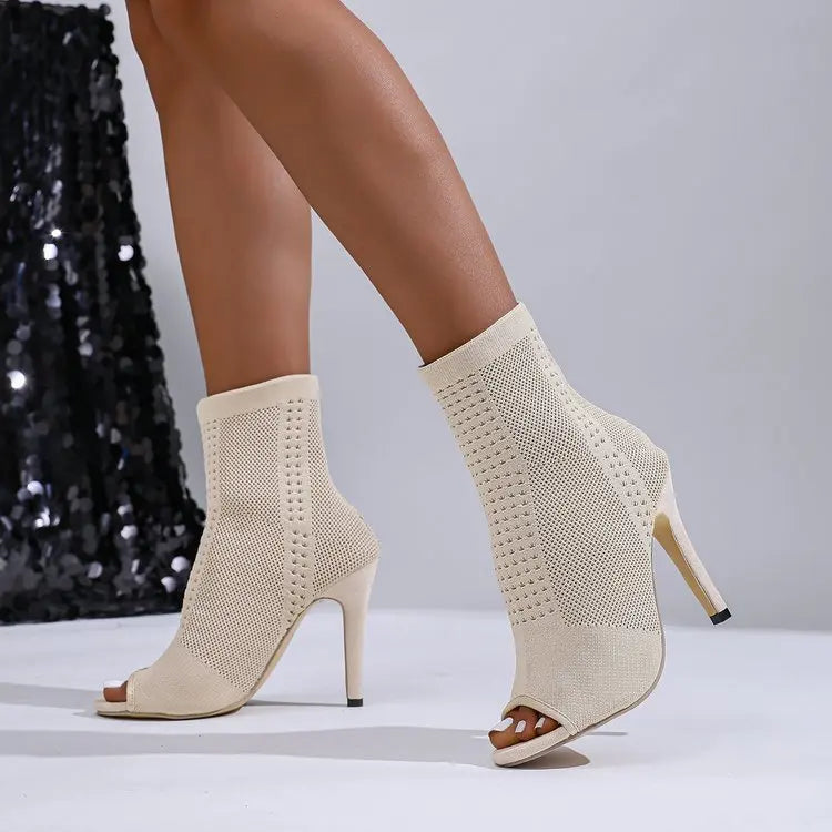 Women's Stretch Knit Open-Toe Stiletto Heels – Sculpted Cushioned
