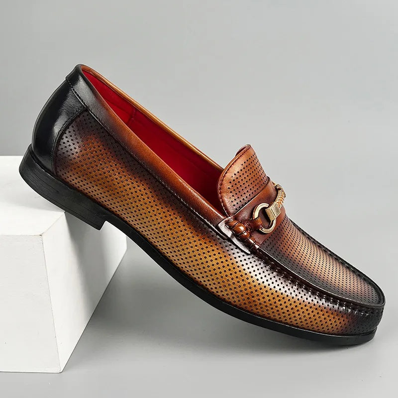 Men's Cowhide Leather Perforated Loafers – Cushioned Non-Slip Outsole
