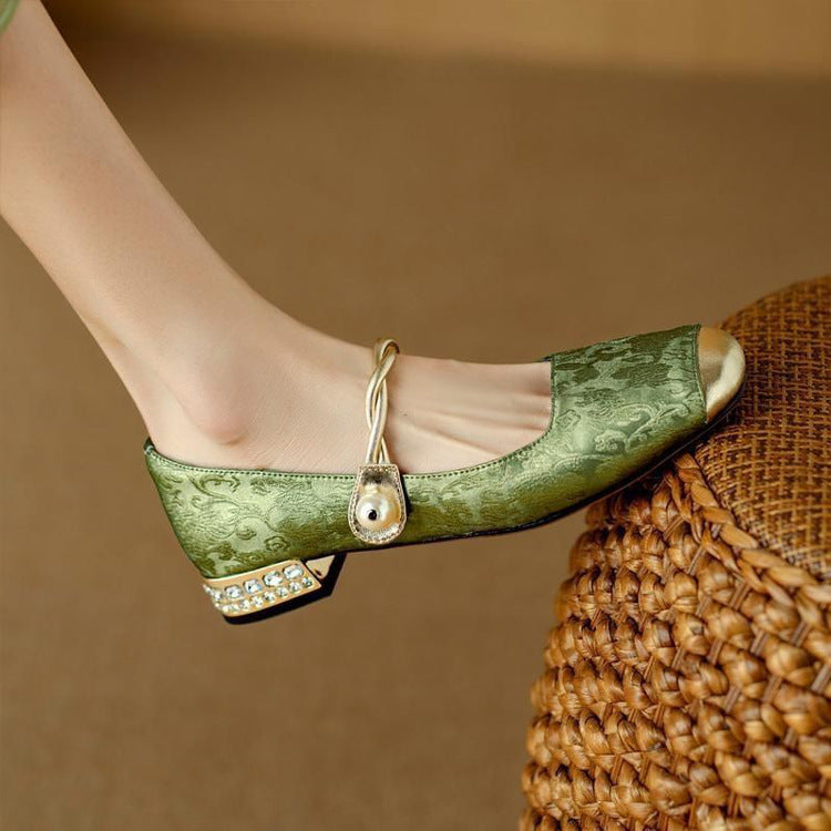 Women's Jacquard Mary Jane Pumps – Pearl Strap Crystal Square Heel
