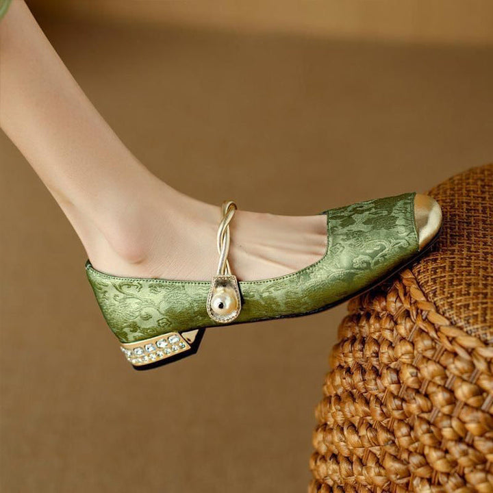 Women's Jacquard Mary Jane Pumps – Pearl Strap Crystal Square Heel