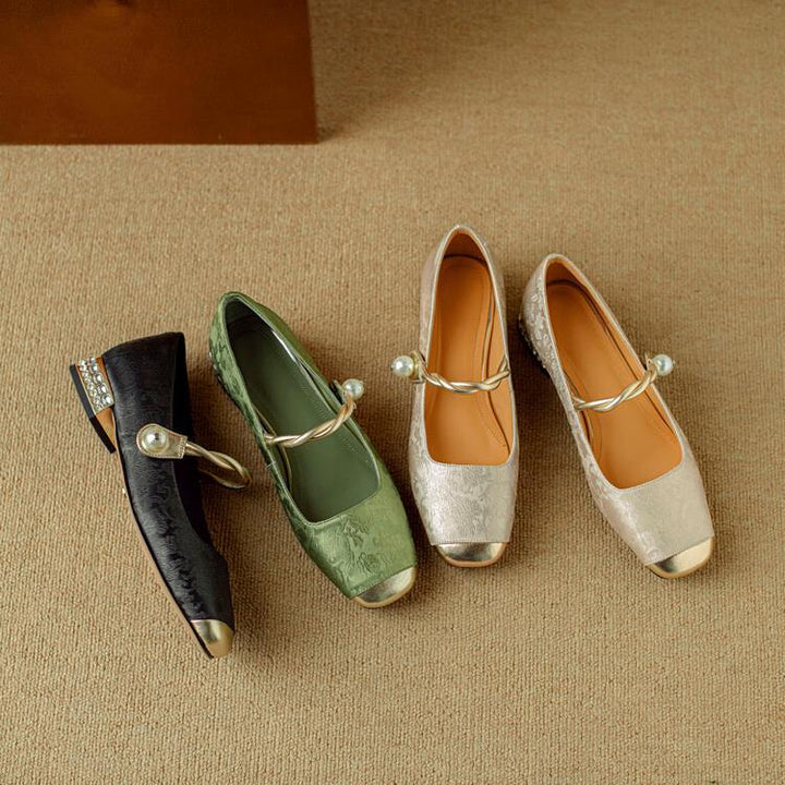 Women's Jacquard Mary Jane Pumps – Pearl Strap Crystal Square Heel