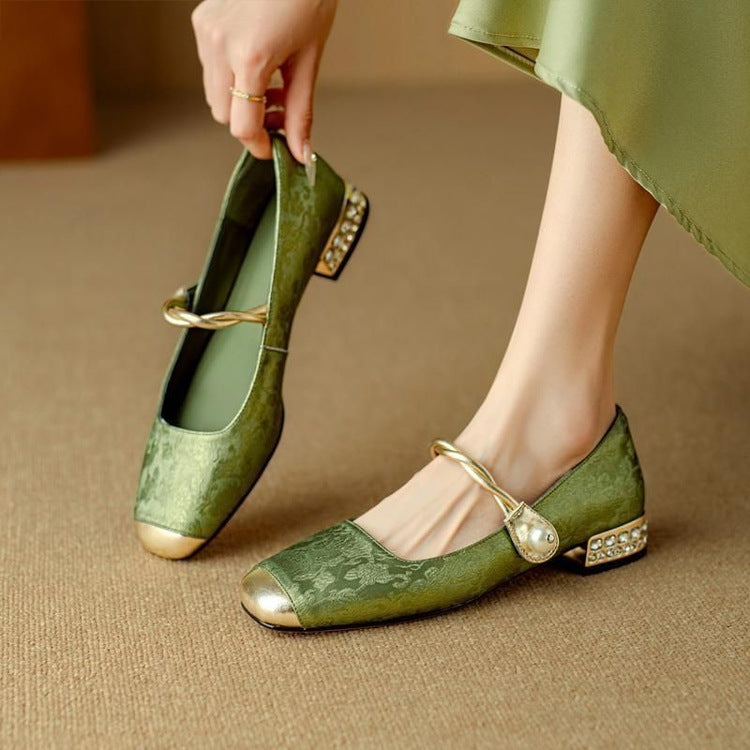 Women's Jacquard Mary Jane Pumps – Pearl Strap Crystal Square Heel