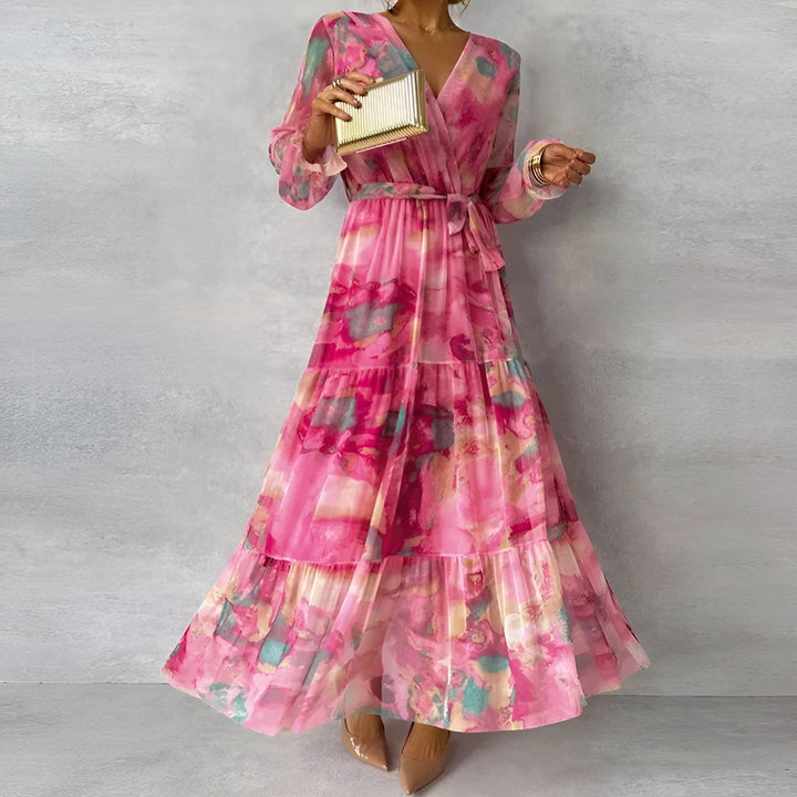 Women's Cotton Pleated Maxi Dress V-Neck – Watercolour Floral Summer