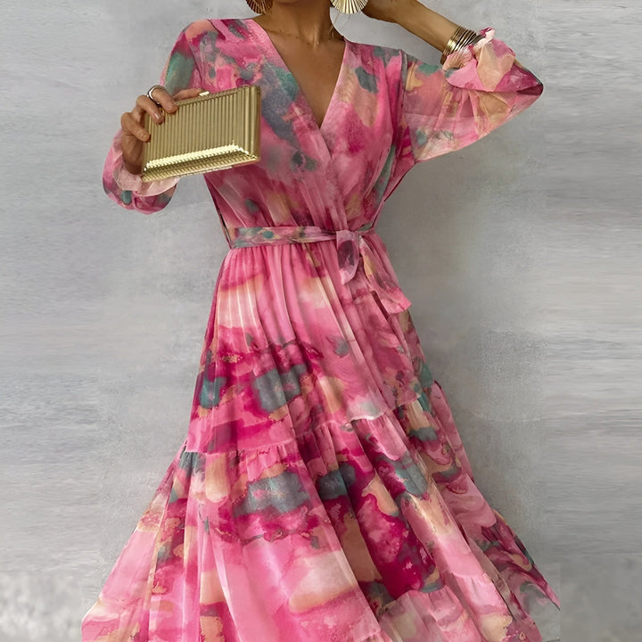 Women's Cotton Pleated Maxi Dress V-Neck – Watercolour Floral Summer