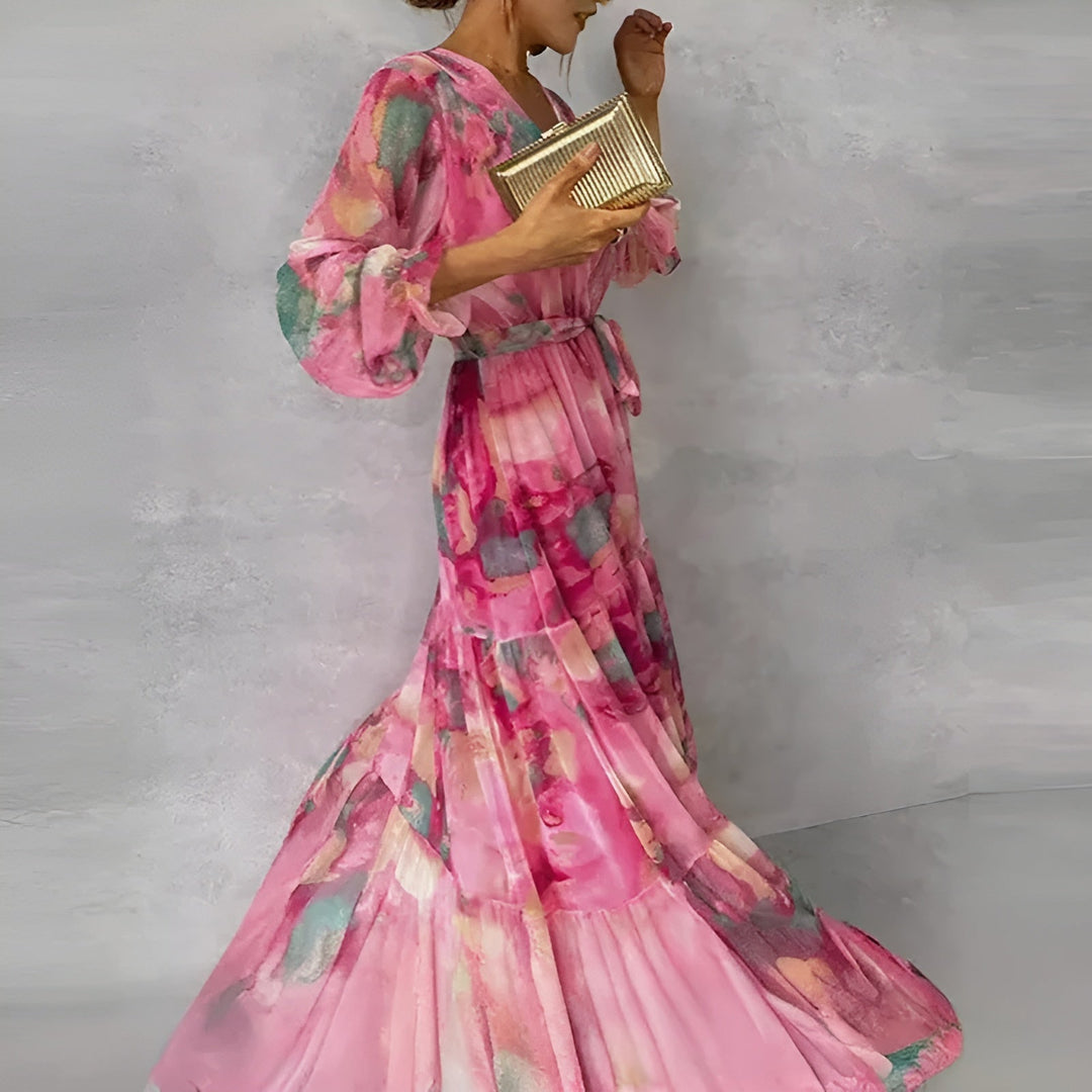 Women's Cotton Pleated Maxi Dress V-Neck – Watercolour Floral Summer
