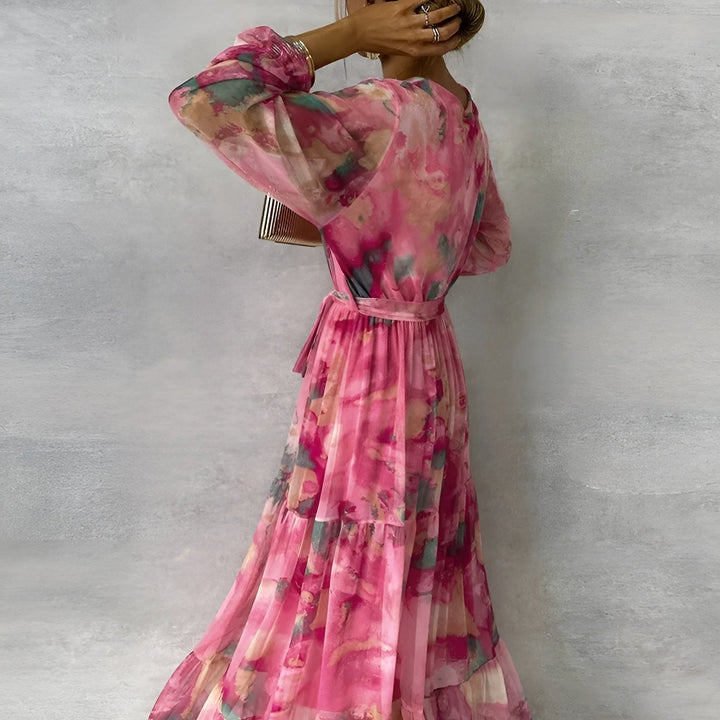 Women's Cotton Pleated Maxi Dress V-Neck – Watercolour Floral Summer