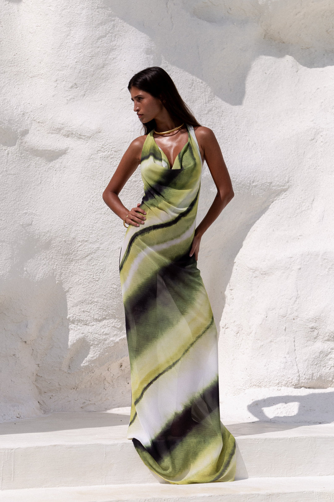 Women's Maxi Dress – Waterfall Neckline & Open Back Halter
