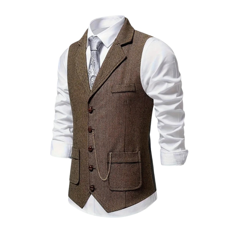 Men's Herringbone Waistcoat Lapel – Chain Detail Regular Fit All-Season