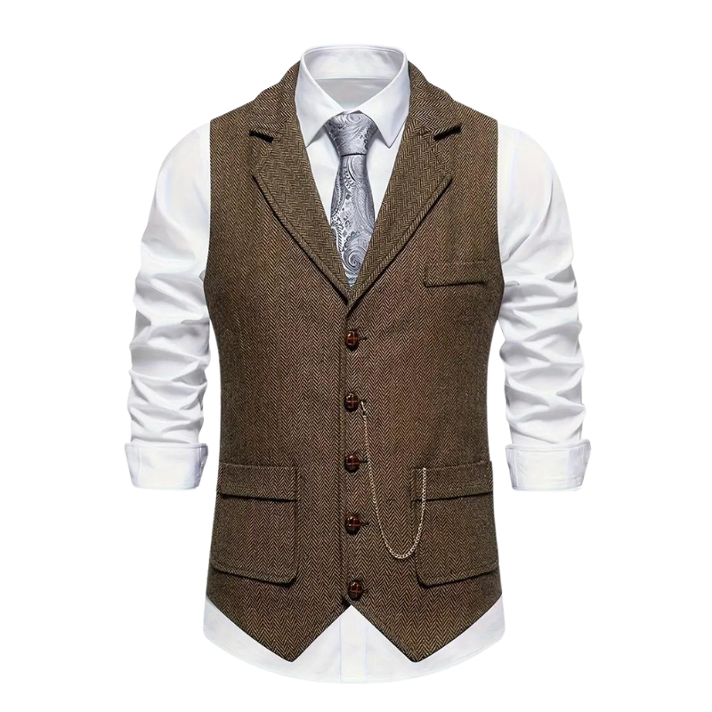 Men's Herringbone Waistcoat Lapel – Chain Detail Regular Fit All-Season