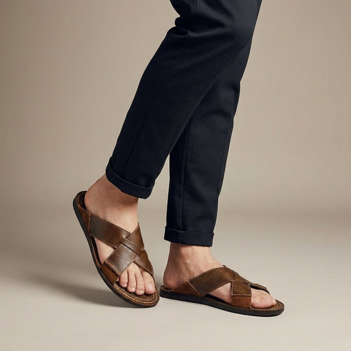 Men's Slide Sandals – Leather Cross-Strap Low-Profile Slip-On