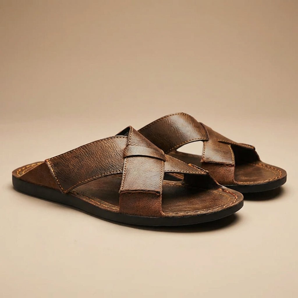 Men's Slide Sandals – Leather Cross-Strap Low-Profile Slip-On