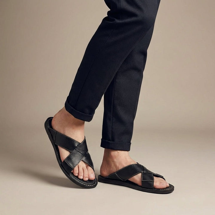 Men's Slide Sandals – Leather Cross-Strap Low-Profile Slip-On