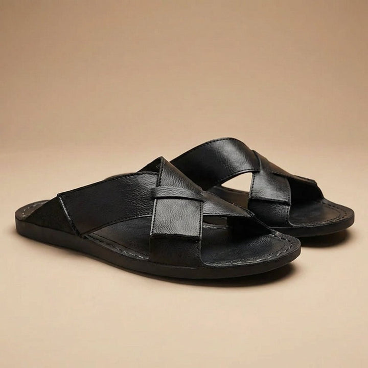 Men's Slide Sandals – Leather Cross-Strap Low-Profile Slip-On