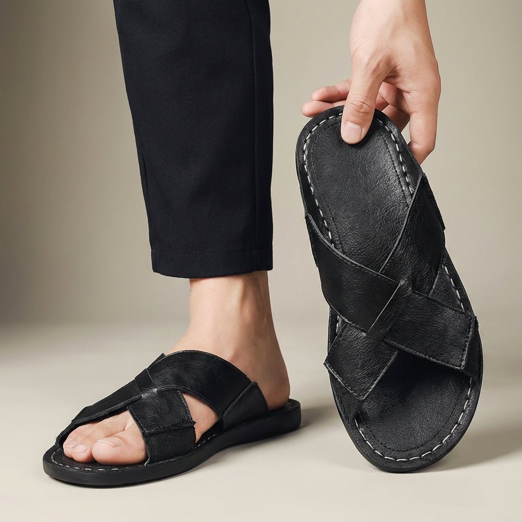 Men's Slide Sandals – Leather Cross-Strap Low-Profile Slip-On