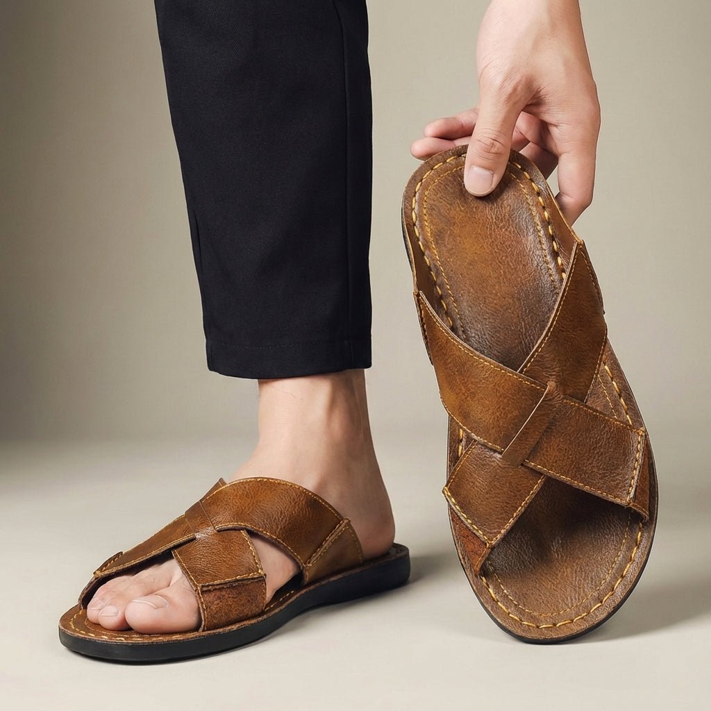 Men's Slide Sandals – Leather Cross-Strap Low-Profile Slip-On