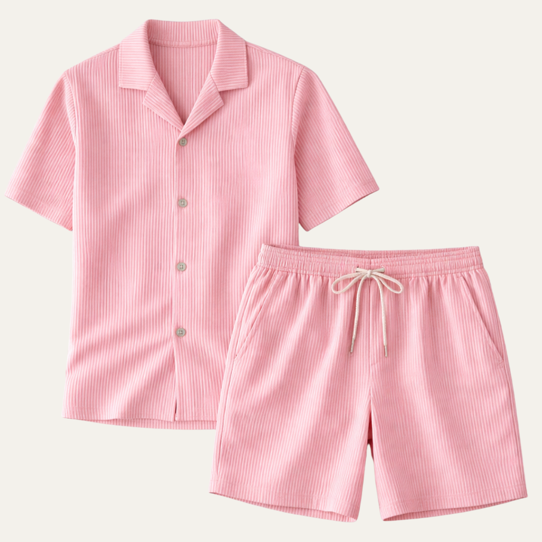 Men's Two Piece Set – Ribbed Shirt & Shorts Matching Summer Set