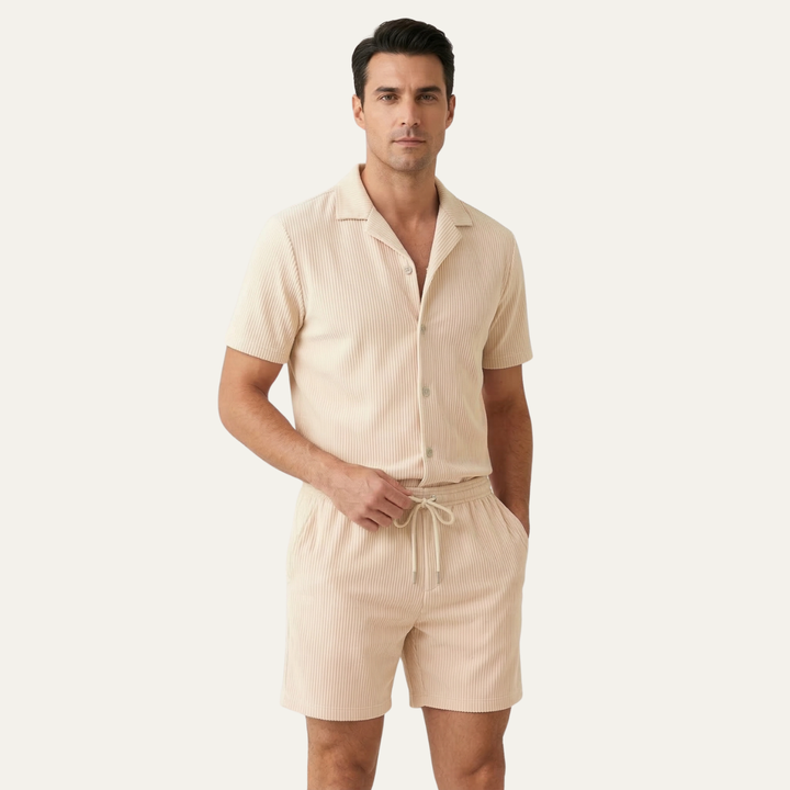 Men's Two Piece Set – Ribbed Shirt & Shorts Matching Summer Set