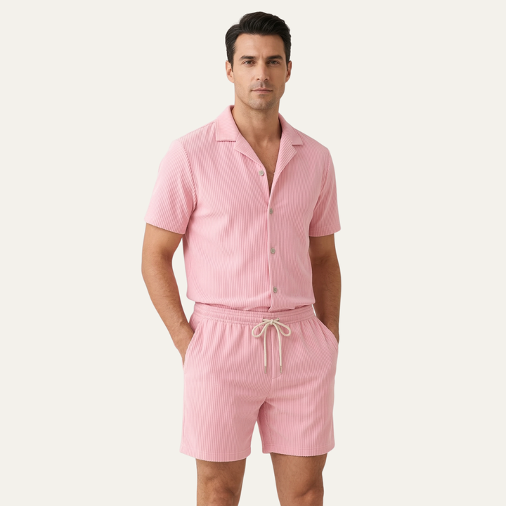 Men's Two Piece Set – Ribbed Shirt & Shorts Matching Summer Set
