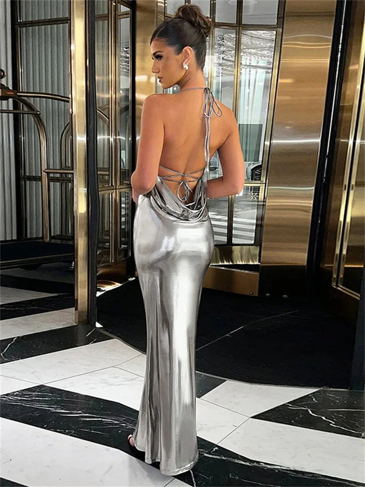 Satin Maxi Dress – Open Back, Thin Straps & Formal Drape