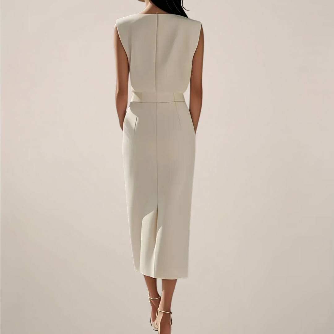 Women's Sleeveless Midi Dress High Waist – Structured Side Button Slit