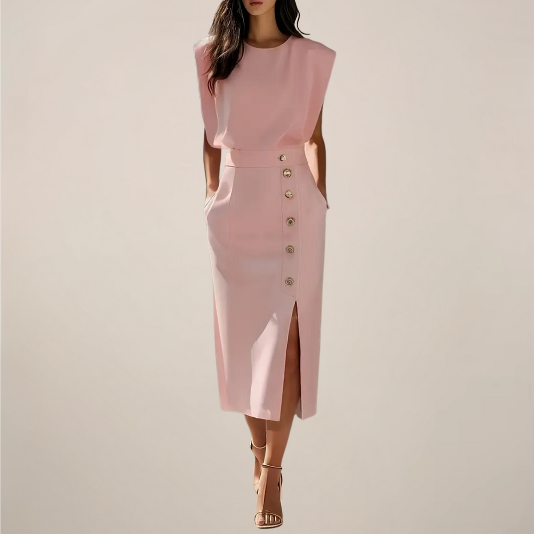 Women's Sleeveless Midi Dress High Waist – Structured Side Button Slit