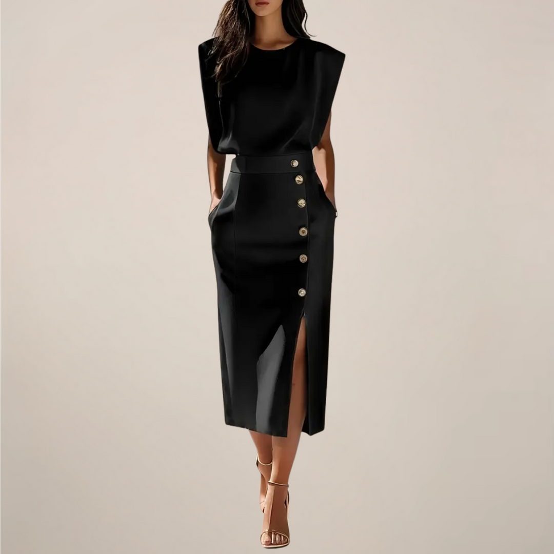 Women's Sleeveless Midi Dress High Waist – Structured Side Button Slit