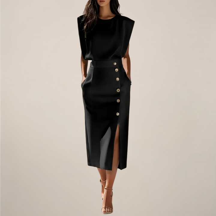 Women's Sleeveless Midi Dress High Waist – Structured Side Button Slit