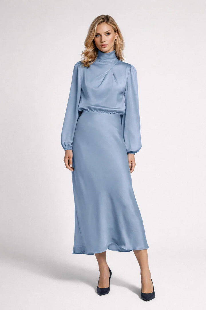Satin Midi Dress – Long Sleeve High Neck Formal Style