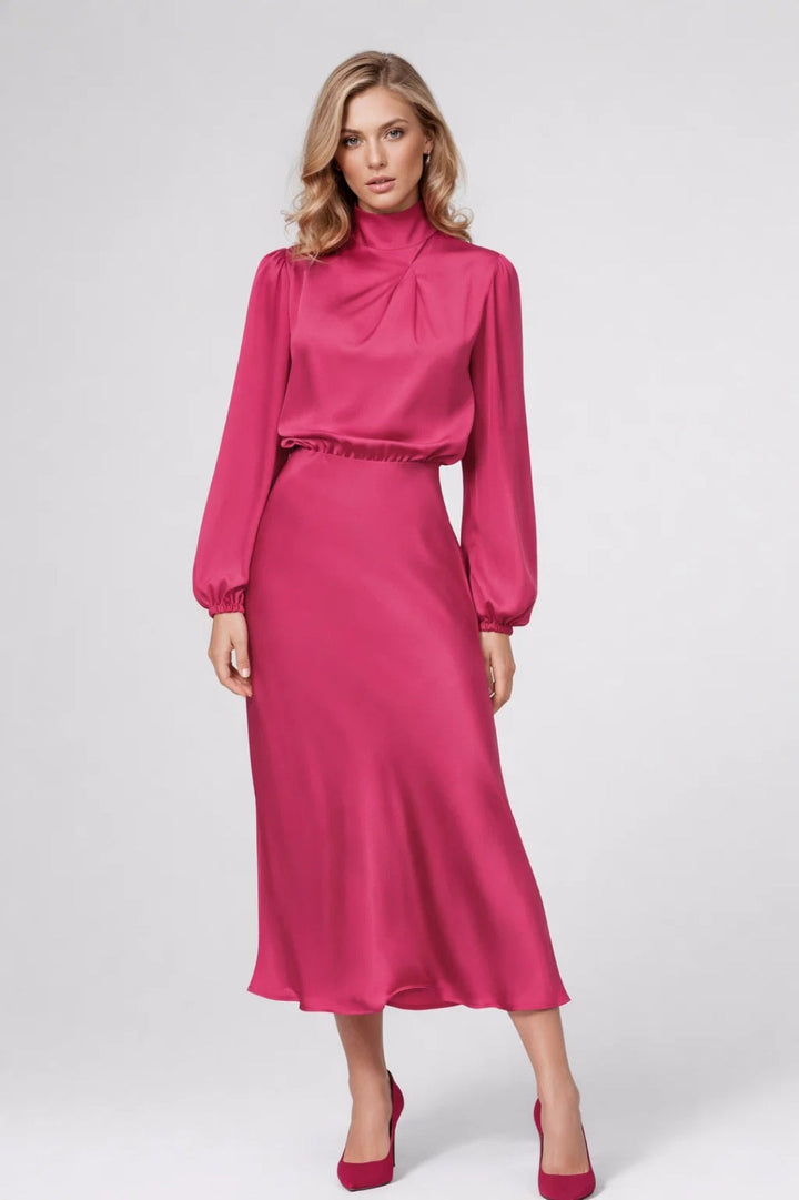 Satin Midi Dress – Long Sleeve High Neck Formal Style