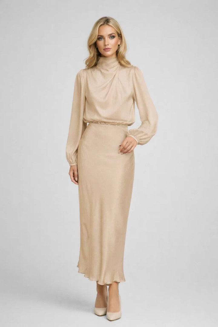 Satin Midi Dress – Long Sleeve High Neck Formal Style