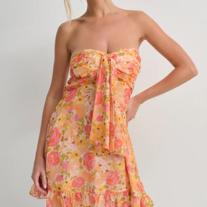 Strapless Bow Front Mini Dress – Flounce Hem & Floral Print