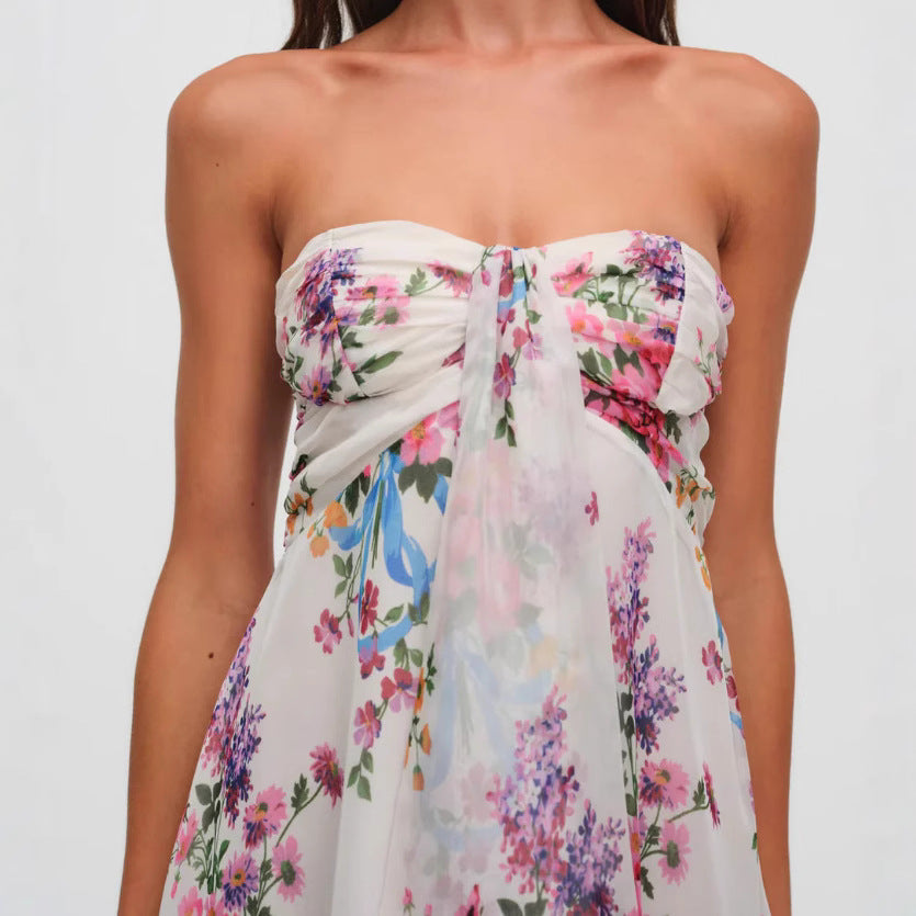 Strapless Bow Front Mini Dress – Flounce Hem & Floral Print