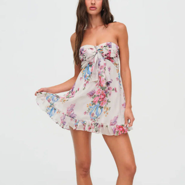 Strapless Bow Front Mini Dress – Flounce Hem & Floral Print