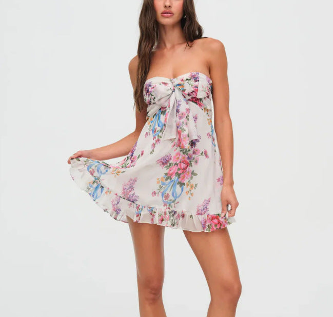 Strapless Bow Front Mini Dress – Flounce Hem & Floral Print